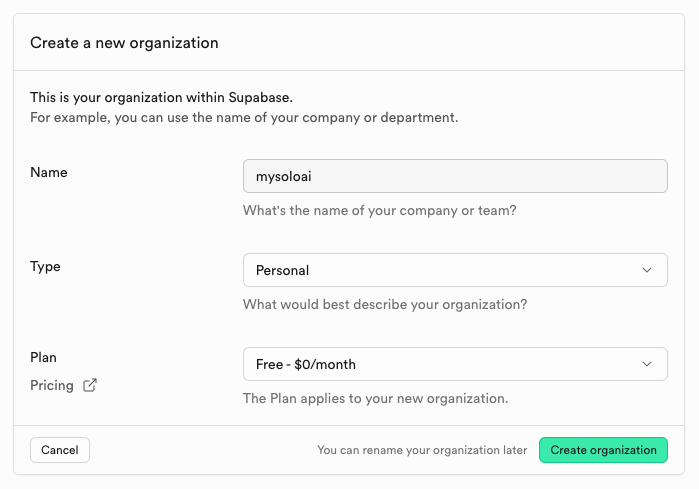 supabase create new organisation page