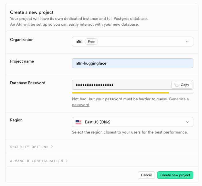 supabase create new project page